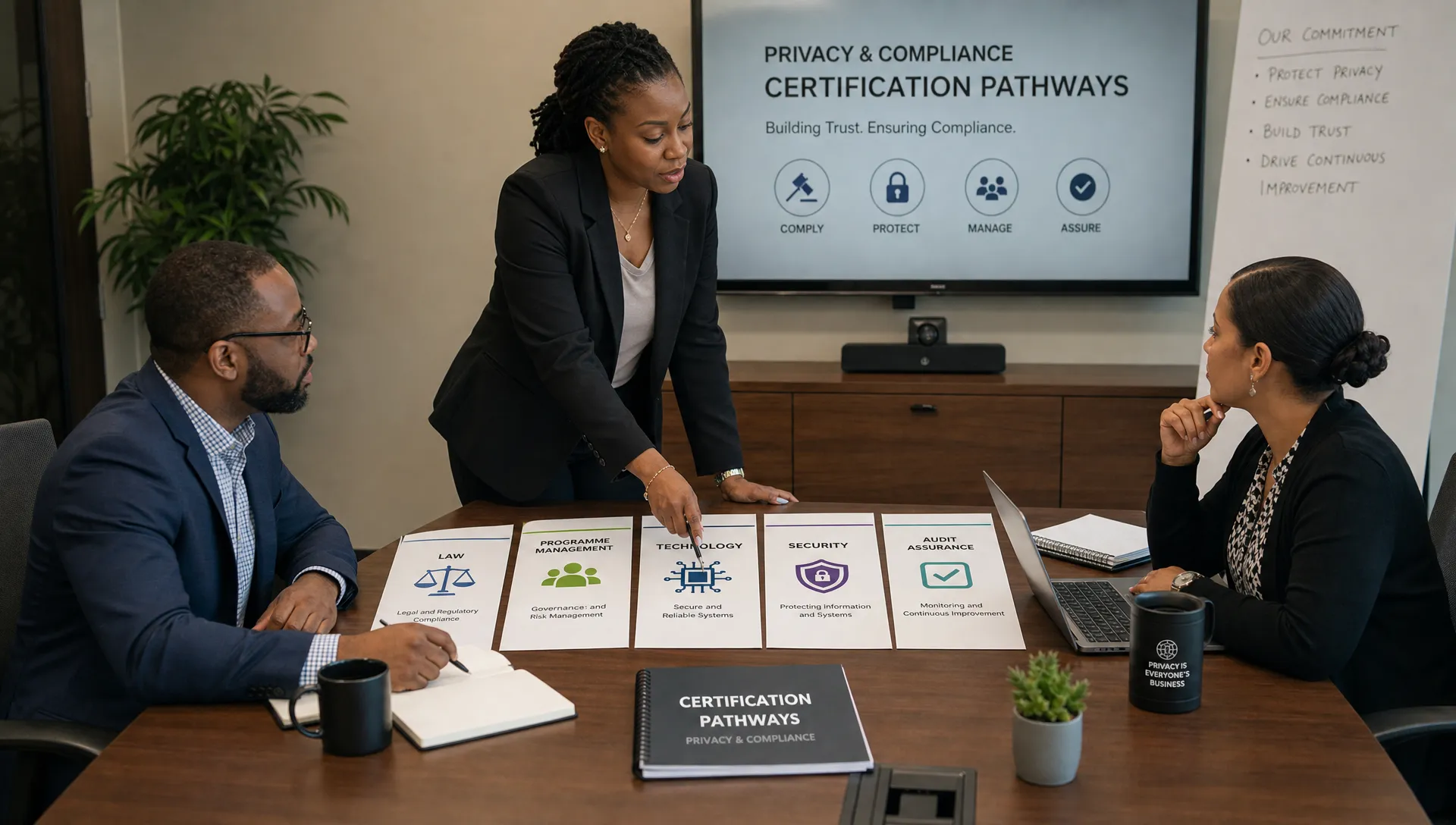A small privacy and compliance team reviewing certification pathways around a conference table with documents labelled law, programme management, technology, security, and audit assurance, with one person standing and two seated on opposite sides.
