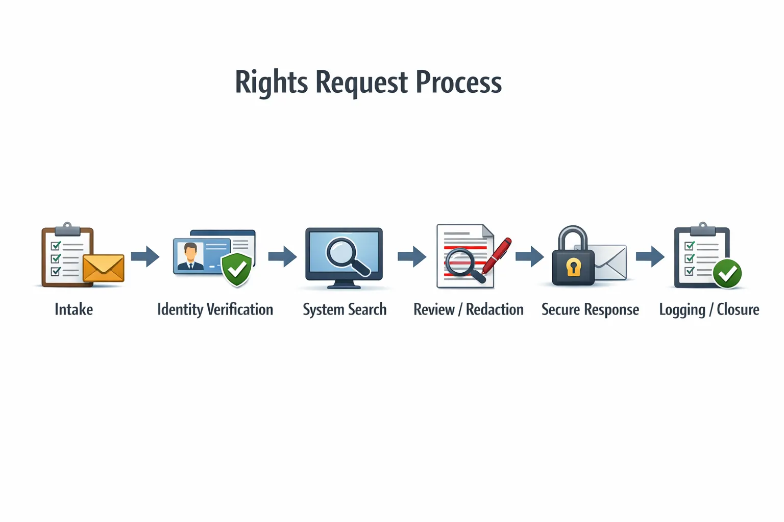 A simple flow diagram showing a rights request process: intake, identity verification, system search, review/redaction, secure response, and logging/closure.