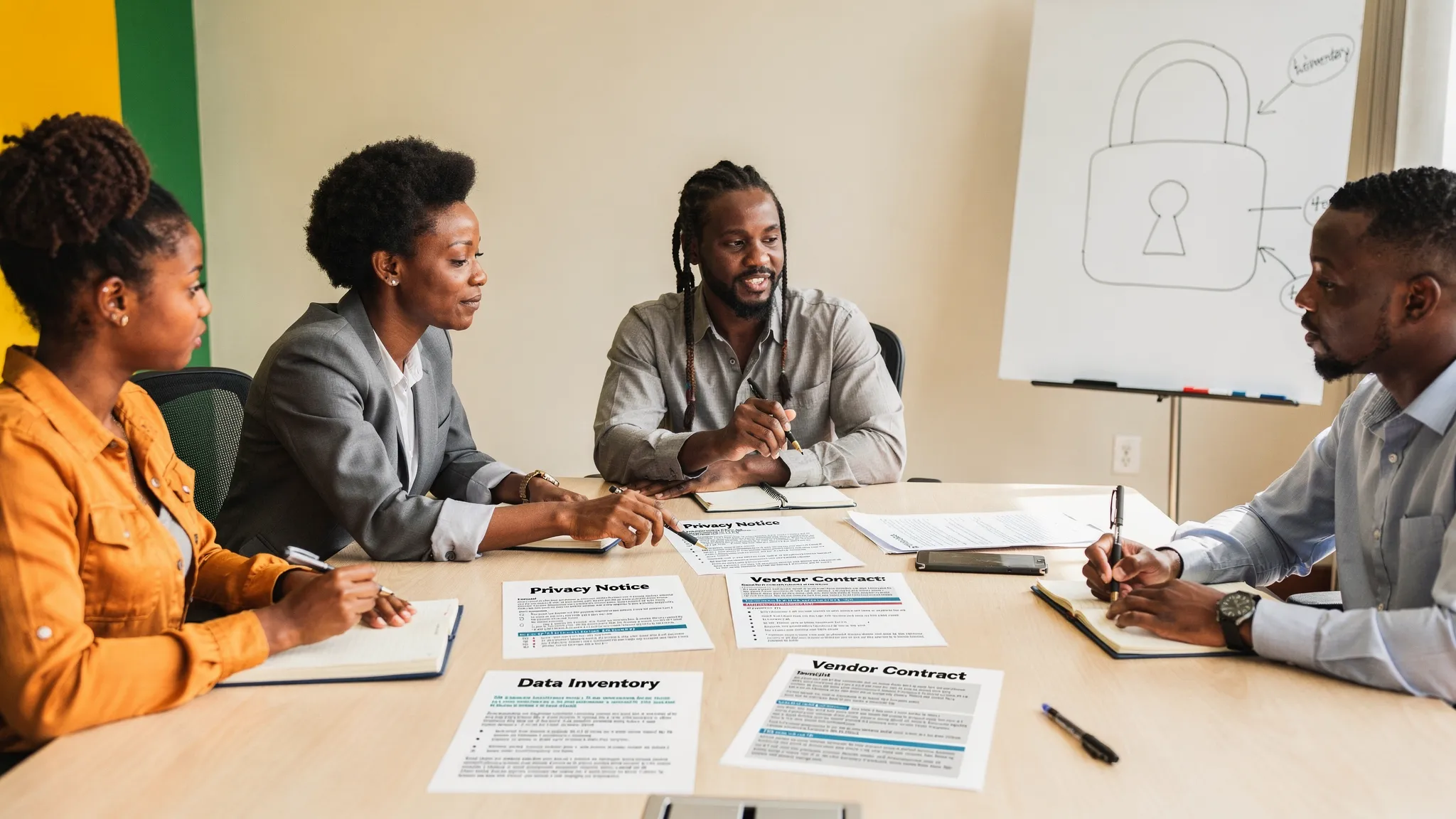 A Jamaican office meeting scene where a small team reviews printed documents labeled “Privacy Notice,” “Data Inventory,” and “Vendor Contract,” with a lock icon on a whiteboard to represent data protection.