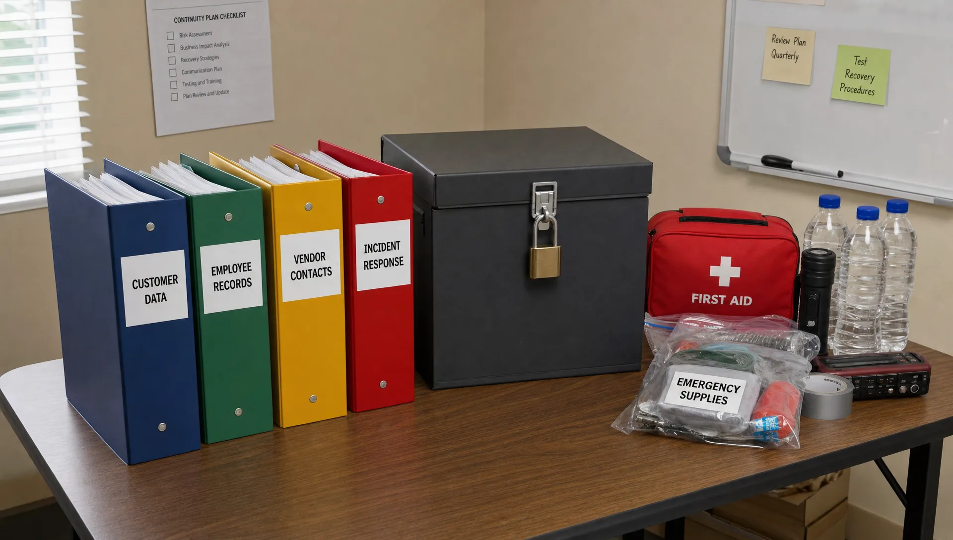 A continuity planning table holds folders for customer data, employee records, vendor contacts, and incident response beside a locked document box and emergency supplies.