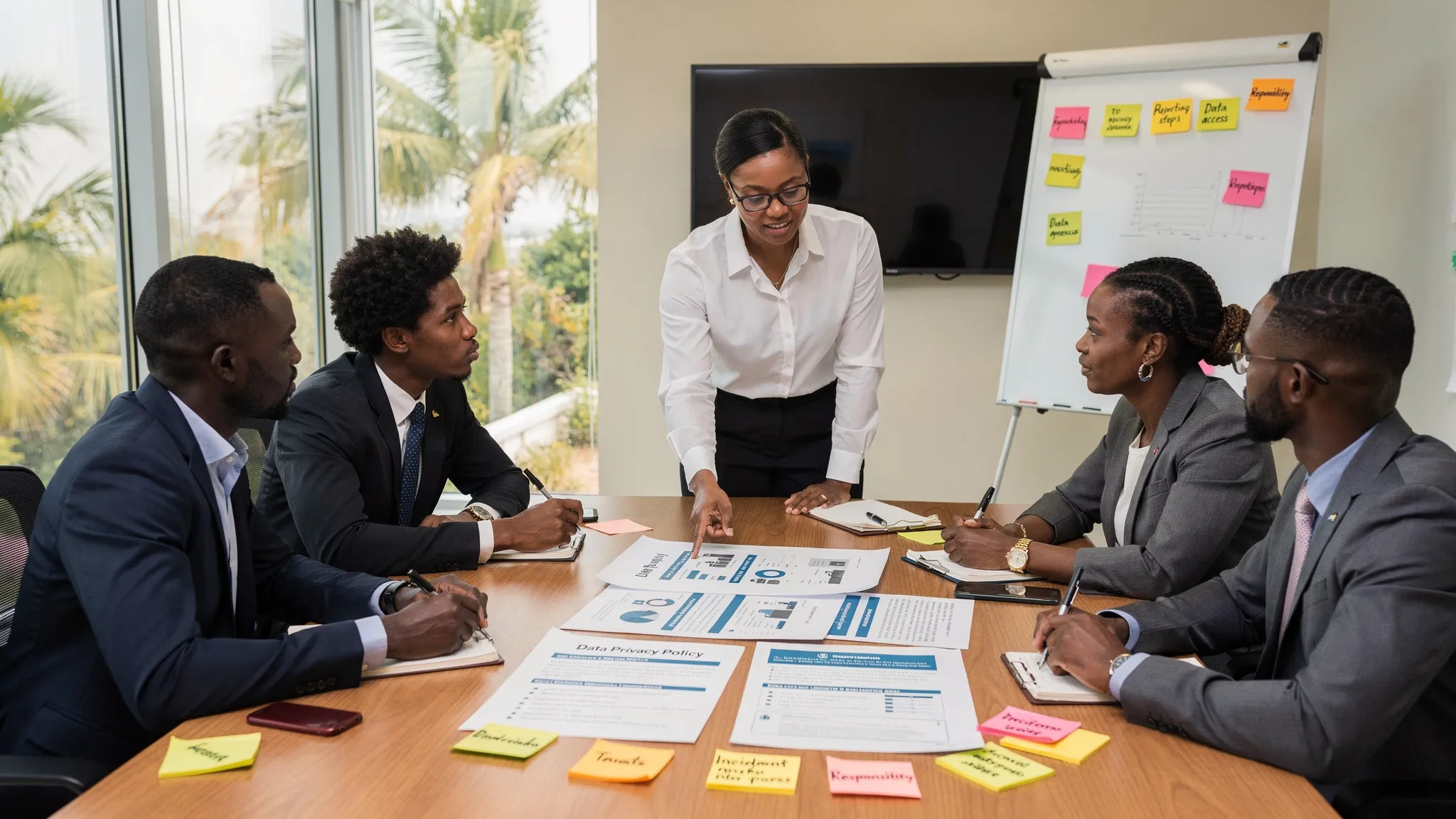 A diverse office team in Jamaica reviewing a clear data privacy policy on printed pages during a compliance workshop, with sticky notes marking responsibilities and reporting steps.