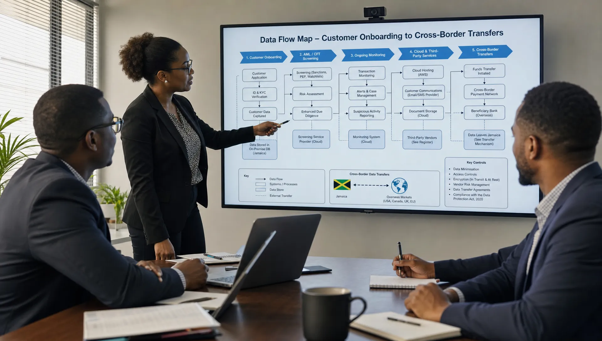 A compliance team reviews a data flow map covering onboarding, AML screening, cloud vendors and cross-border transfers between Jamaica and overseas markets.