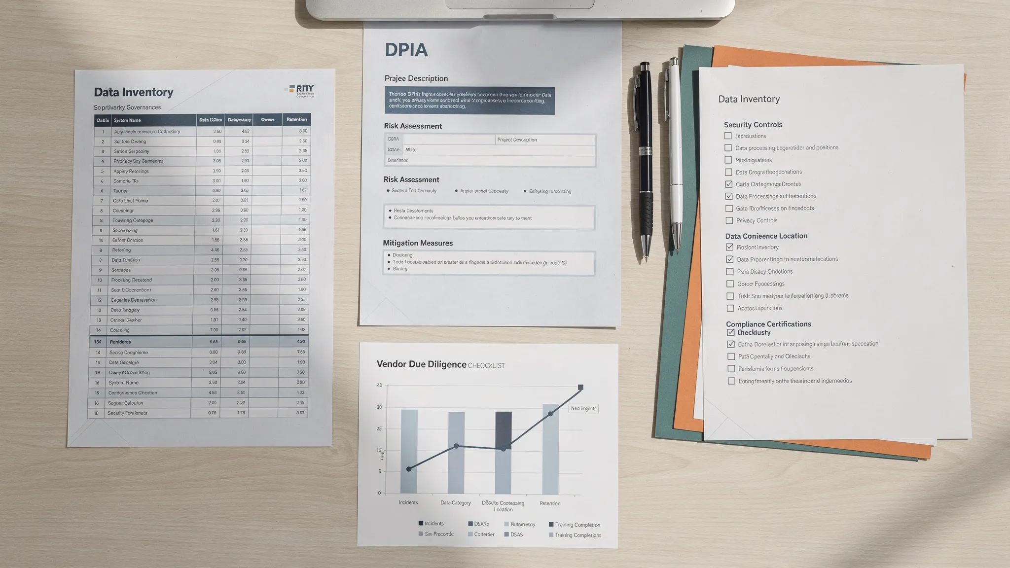 A tabletop scene showing printed privacy governance documents: a data inventory spreadsheet, a DPIA form, a vendor due diligence checklist, and a one-page metrics dashboard, arranged neatly with pens and folders.