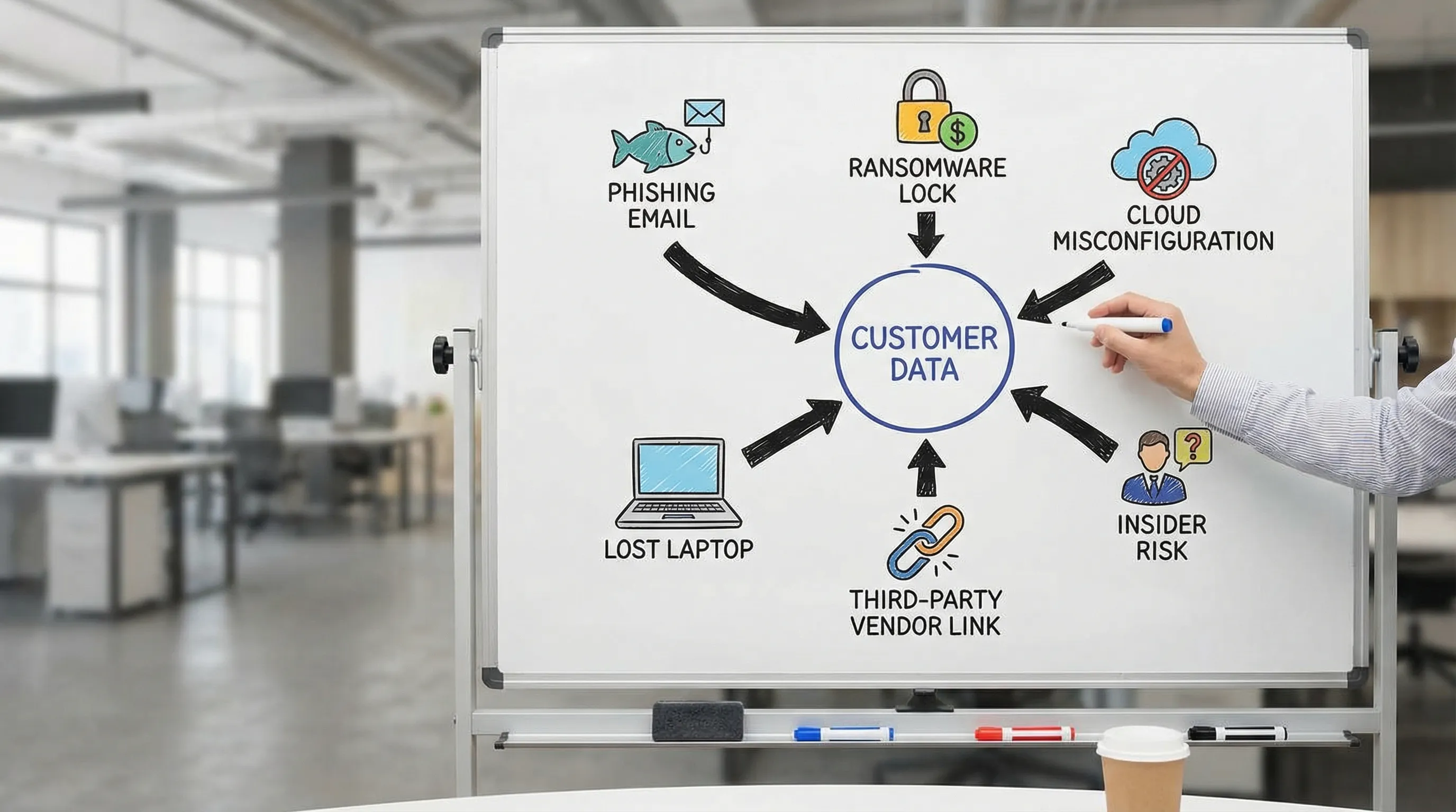 A simple illustrated threat landscape showing icons for phishing email, ransomware lock, cloud misconfiguration, insider risk, third-party vendor link, and lost laptop, with arrows pointing to a central “customer data” database.