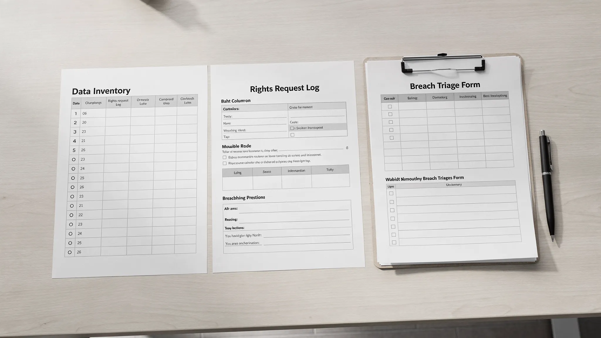 A clean set of printable workshop templates on a desk: a data inventory table, rights request log, and breach triage form, with a clipboard and pen beside them, no visible logos.