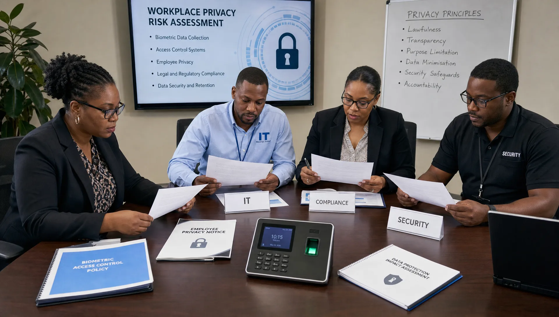 A workplace privacy risk assessment scene showing HR, IT, compliance, and security staff reviewing biometric access control documents, employee privacy notices, and a fingerprint reader on a conference table.