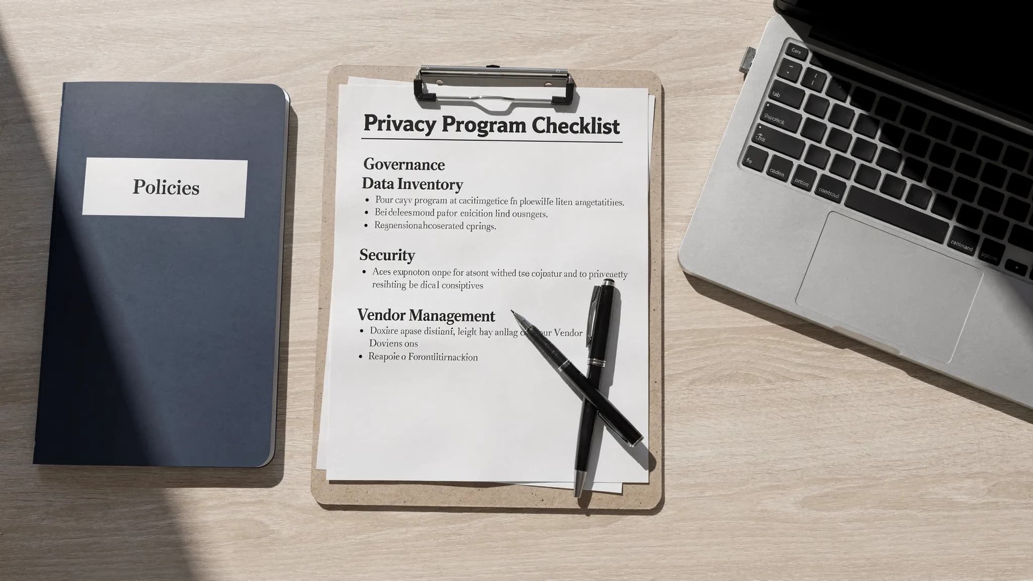 A simple one-page “Privacy Program Checklist” on a clipboard beside a laptop and a folder labelled “Policies”, showing categories like Governance, Data Inventory, Security, Vendor Management, and Breach Response.