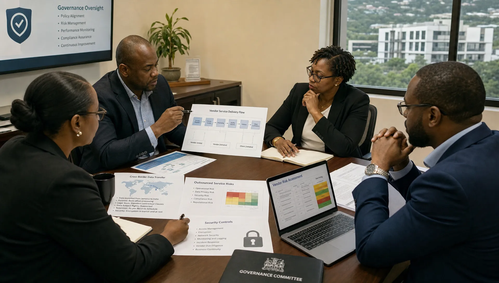 A governance team reviews outsourced service risks with vendor flow documents, cross-border transfer notes, and security controls on the table.