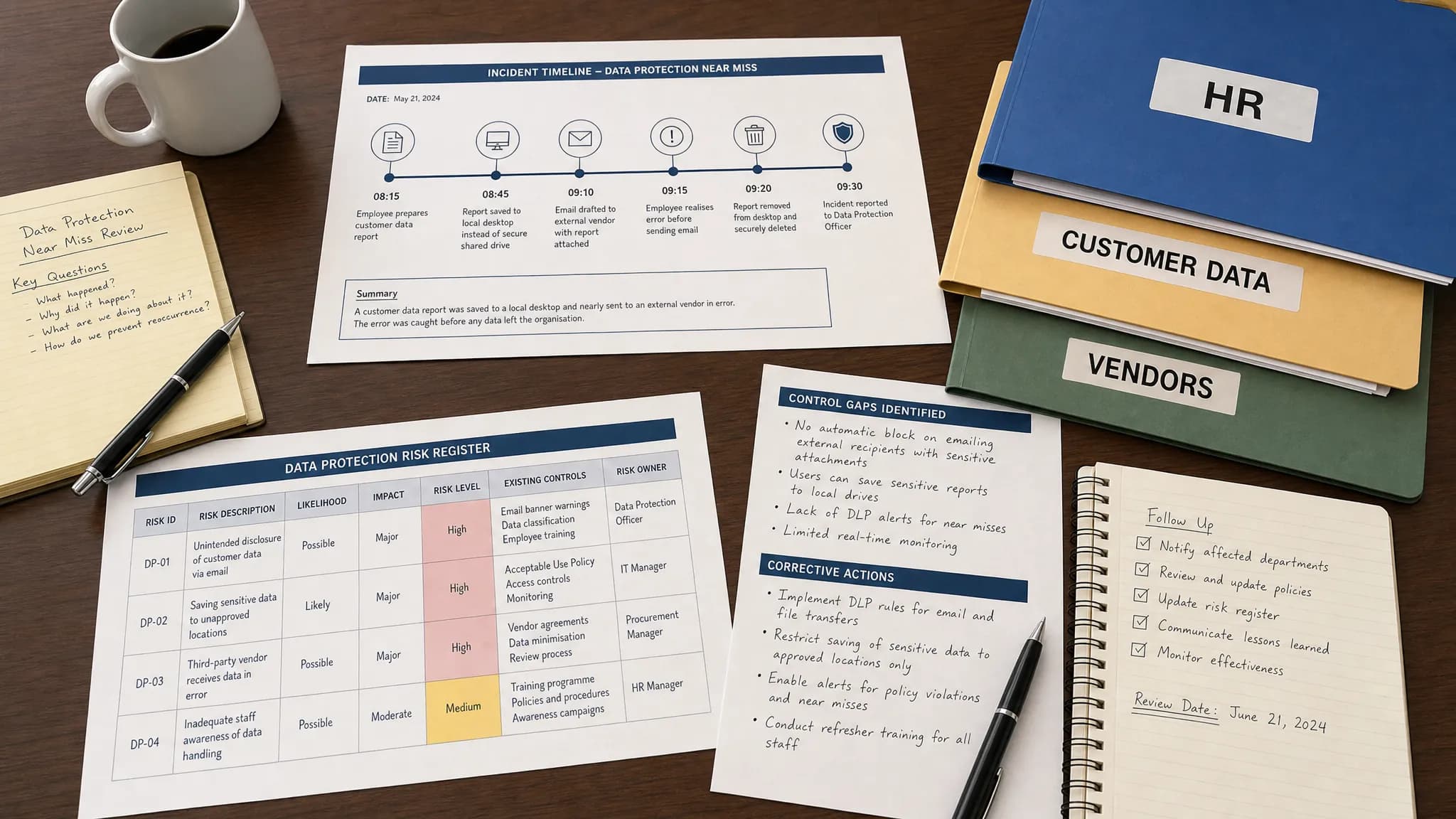 A close-up overhead view of a conference table with printed incident timelines, risk register pages, labelled folders for HR, customer data, and vendors, and notes showing control gaps and corrective actions after a data protection near miss.