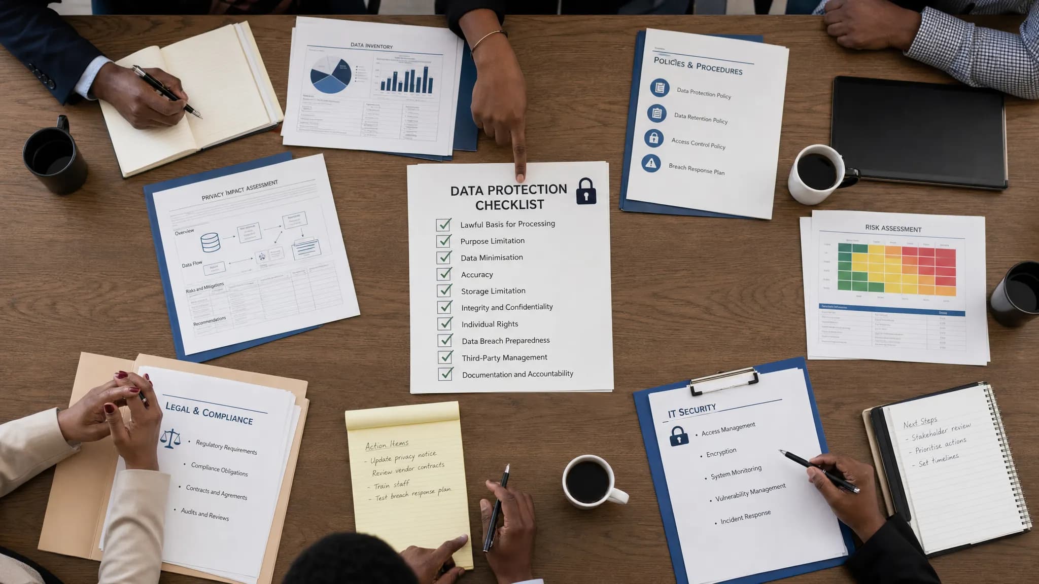 A meeting table with documents, folders, and a central data protection checklist, showing different business functions working together on privacy governance, viewed from above with the papers spread across the table.