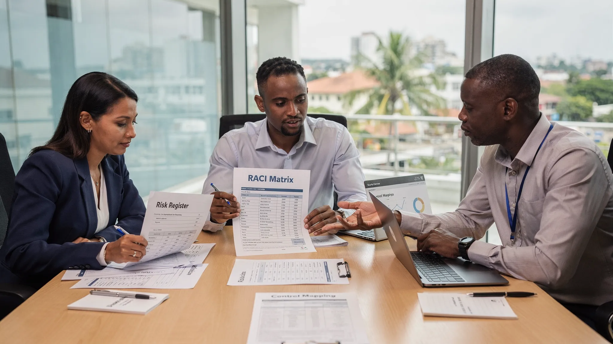 A Jamaican business meeting scene with a compliance lead, legal counsel, and IT security manager reviewing a printed RACI matrix and a risk register on a conference table.