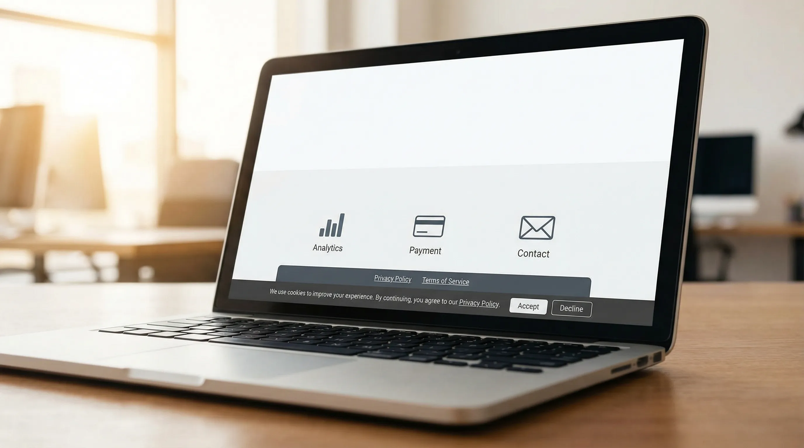 A simple illustration of a website homepage showing a footer with a clearly visible “Privacy Policy” link, a cookie consent banner, and icons representing analytics, payment processing, and contact forms.