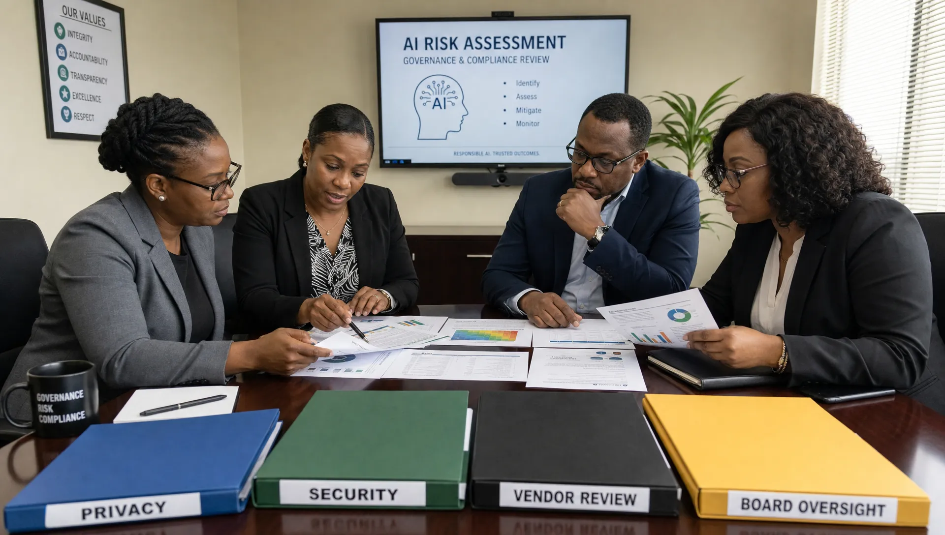A Jamaican governance and compliance team reviews printed AI risk assessment materials around a meeting table, with folders labelled privacy, security, vendor review, and board oversight.