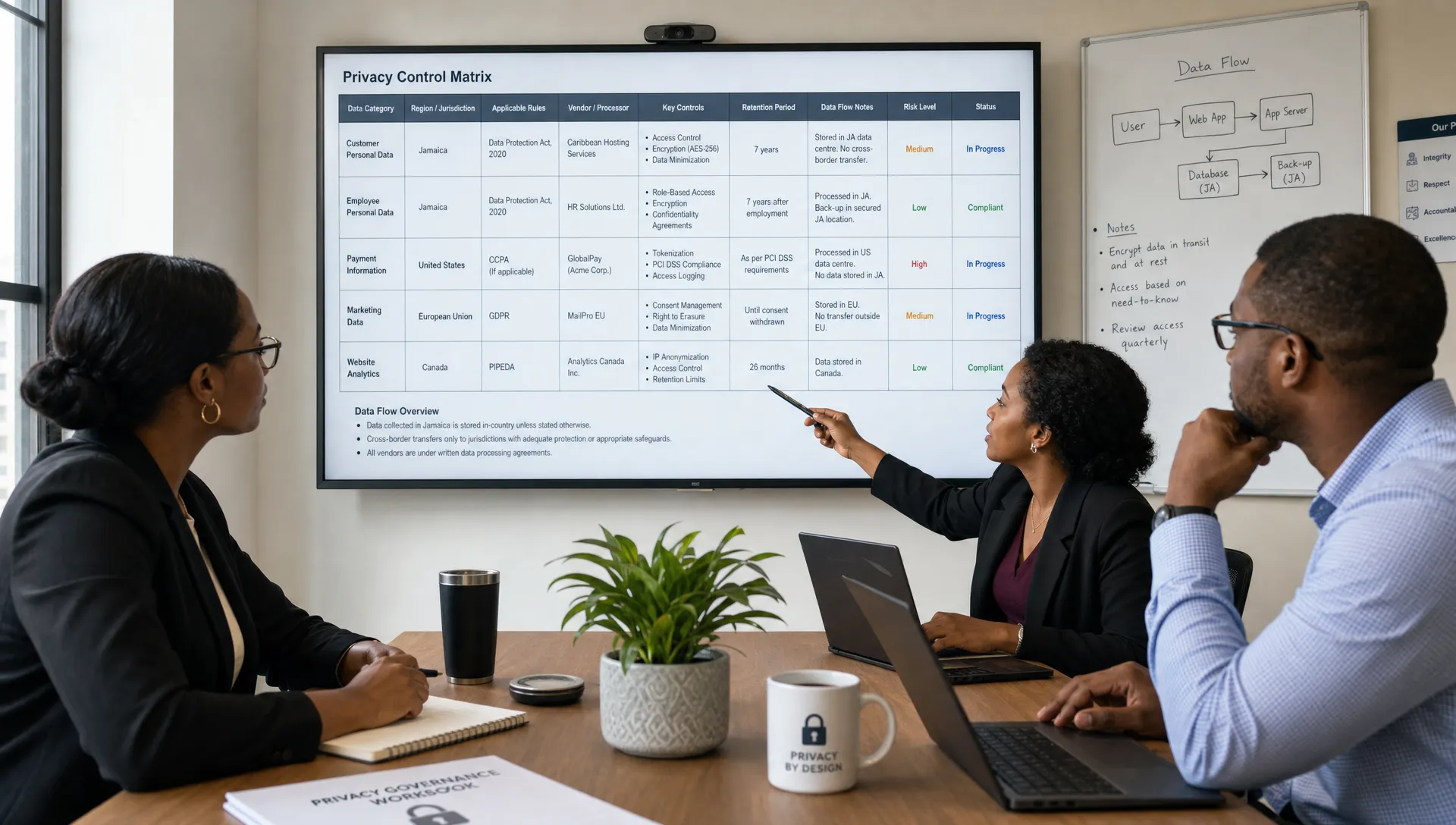A privacy governance team reviews a control matrix with regional rules, vendor controls, and data flow notes on a shared workspace.