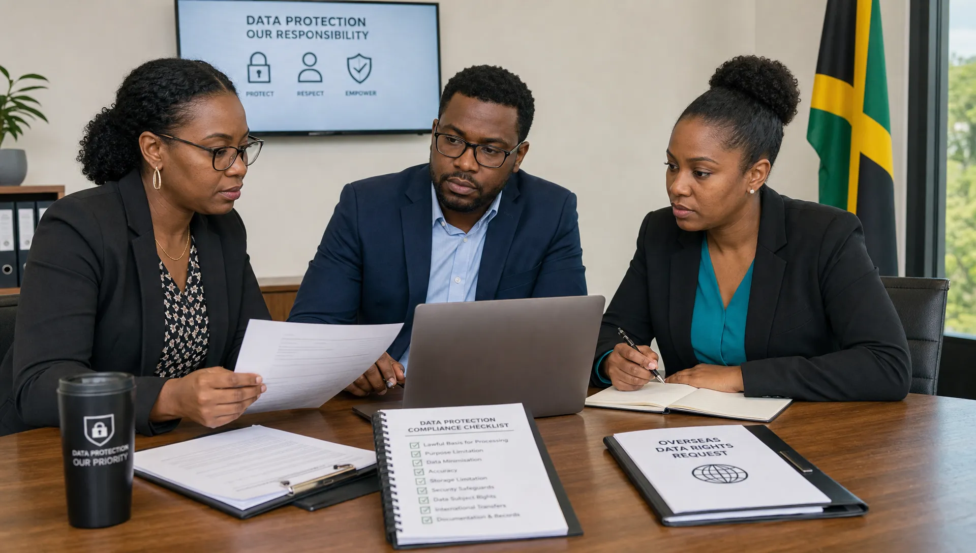 A Jamaican compliance team reviews an overseas data rights request with documents, a laptop facing them, and a data protection checklist on the table.