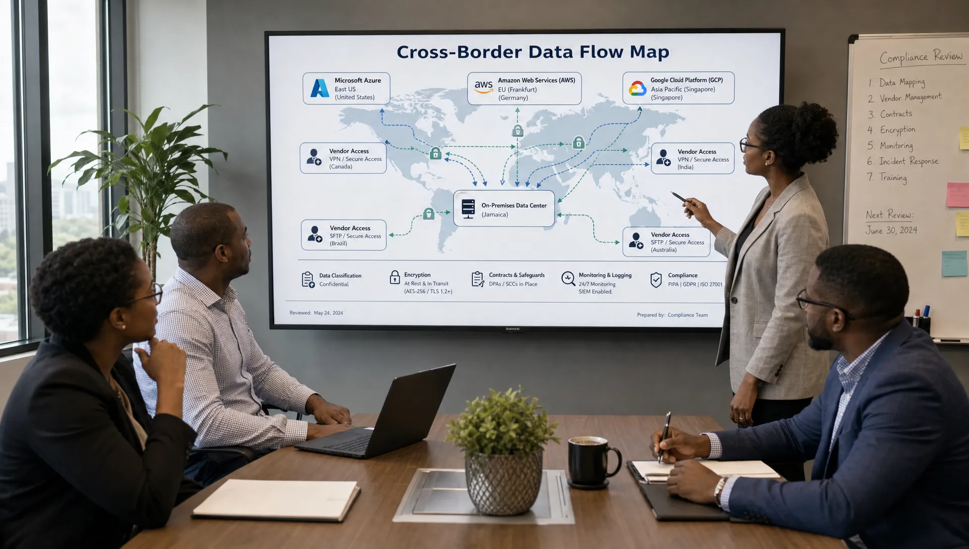 A compliance team reviews a cross-border data flow map with overseas cloud providers, vendor access points, contracts, encryption and monitoring.