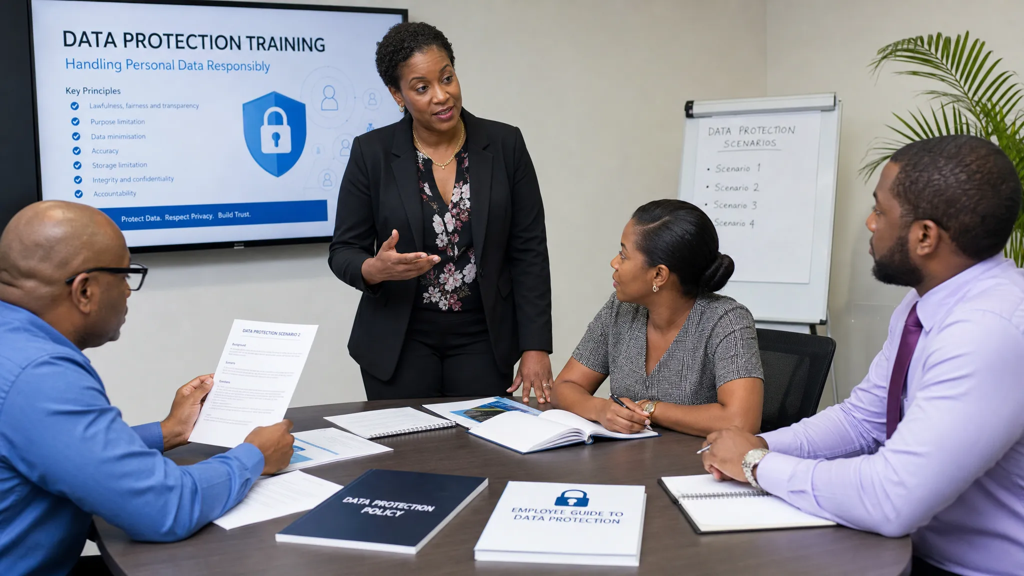 A small group of professionals seated around a training table reviewing printed data protection scenarios, with notebooks, policy documents, and a facilitator standing beside them guiding the discussion about handling personal data responsibly.