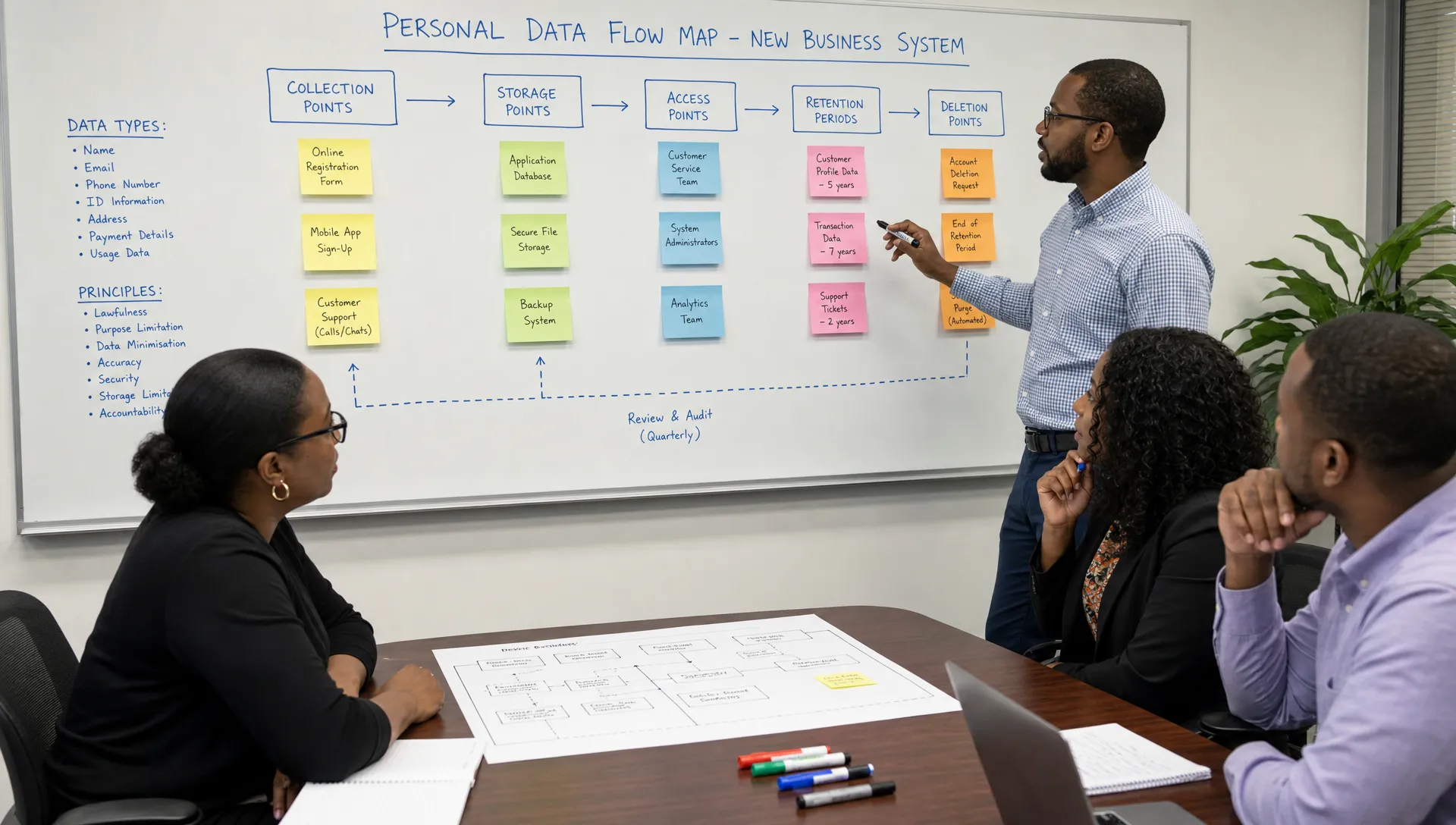 A project team in a conference room mapping personal data flows on a whiteboard, with sticky notes showing collection, storage, access, retention, and deletion points for a new business system, while a printed workflow sheet and marker pens sit on th...