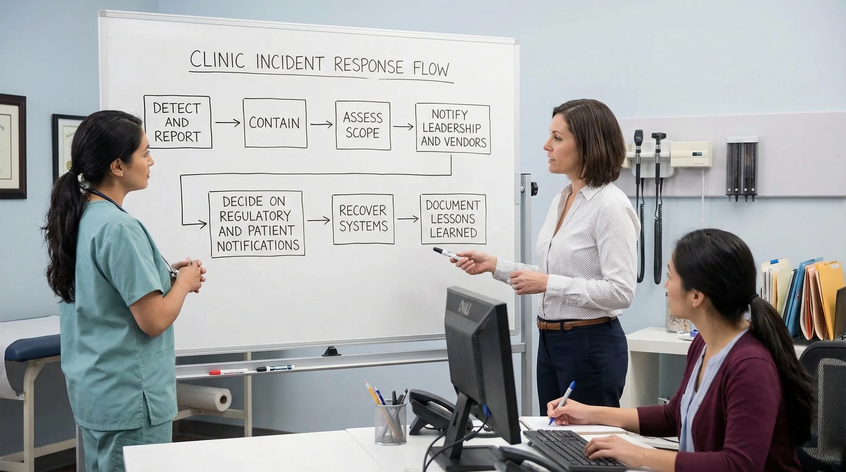 A simple incident response flow for a clinic showing steps: detect and report, contain, assess scope, notify leadership and vendors, decide on regulatory and patient notifications, recover systems, and document lessons learned.