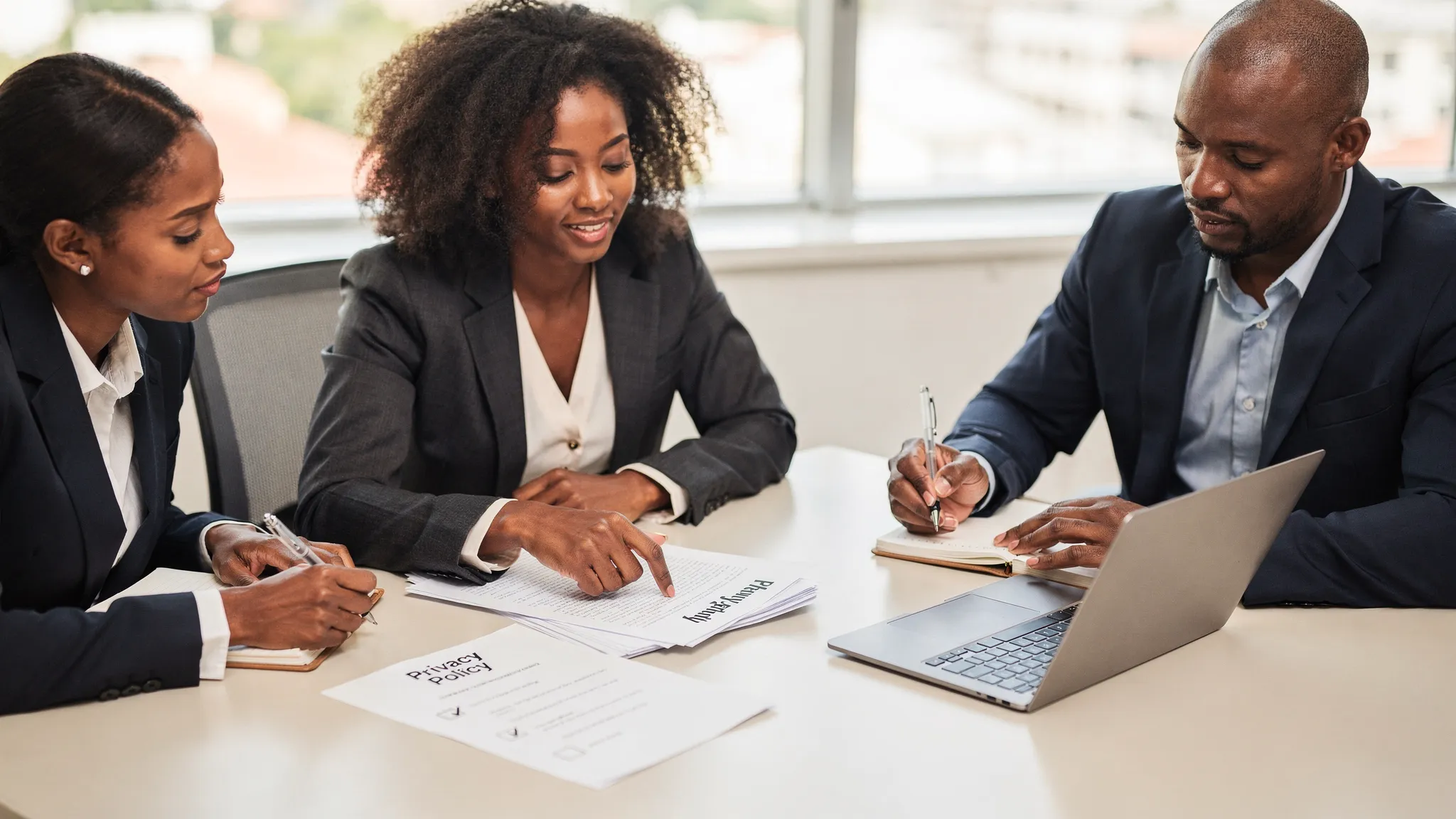 A Jamaican business team reviewing a privacy policy document at a conference table with printed pages, a laptop open facing them, and a simple checklist visible on paper.