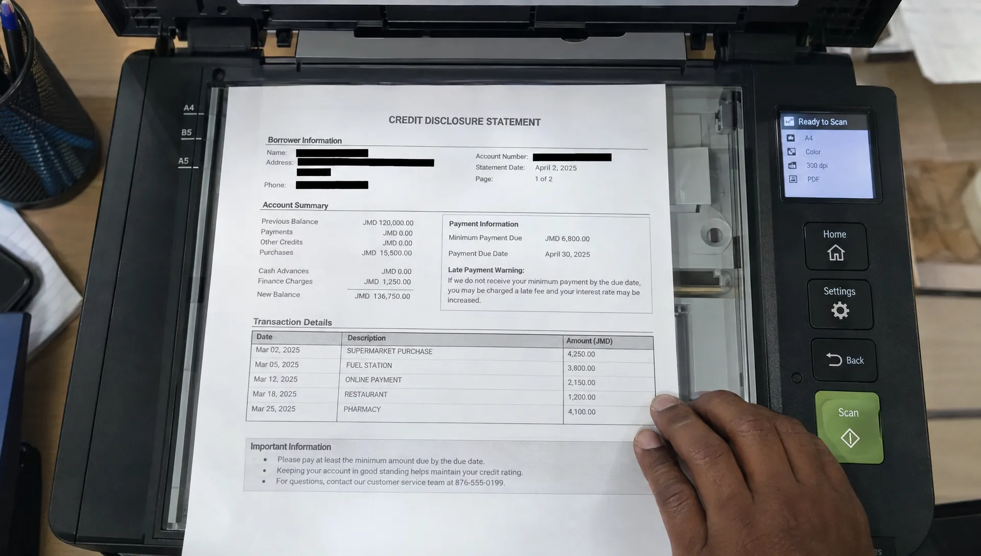 Overhead view of a printed disclosure copy on a document scanner bed, with opaque marks covering personal details and a hand checking the page beside the scanner controls.