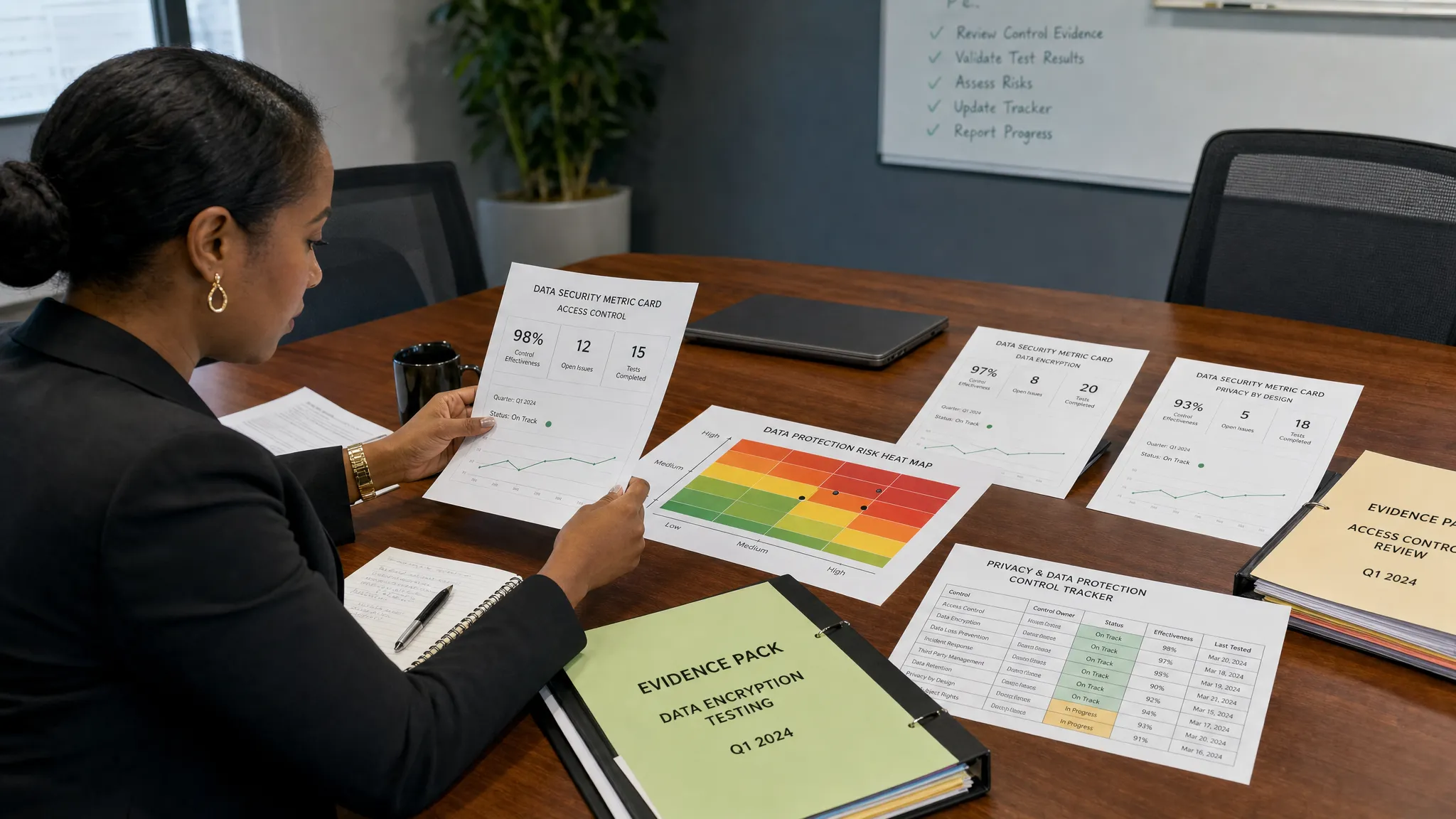 A compliance analyst reviewing printed data security metric cards, a risk heat map, and evidence folders spread across a meeting table, showing progress tracking for privacy and data protection controls.