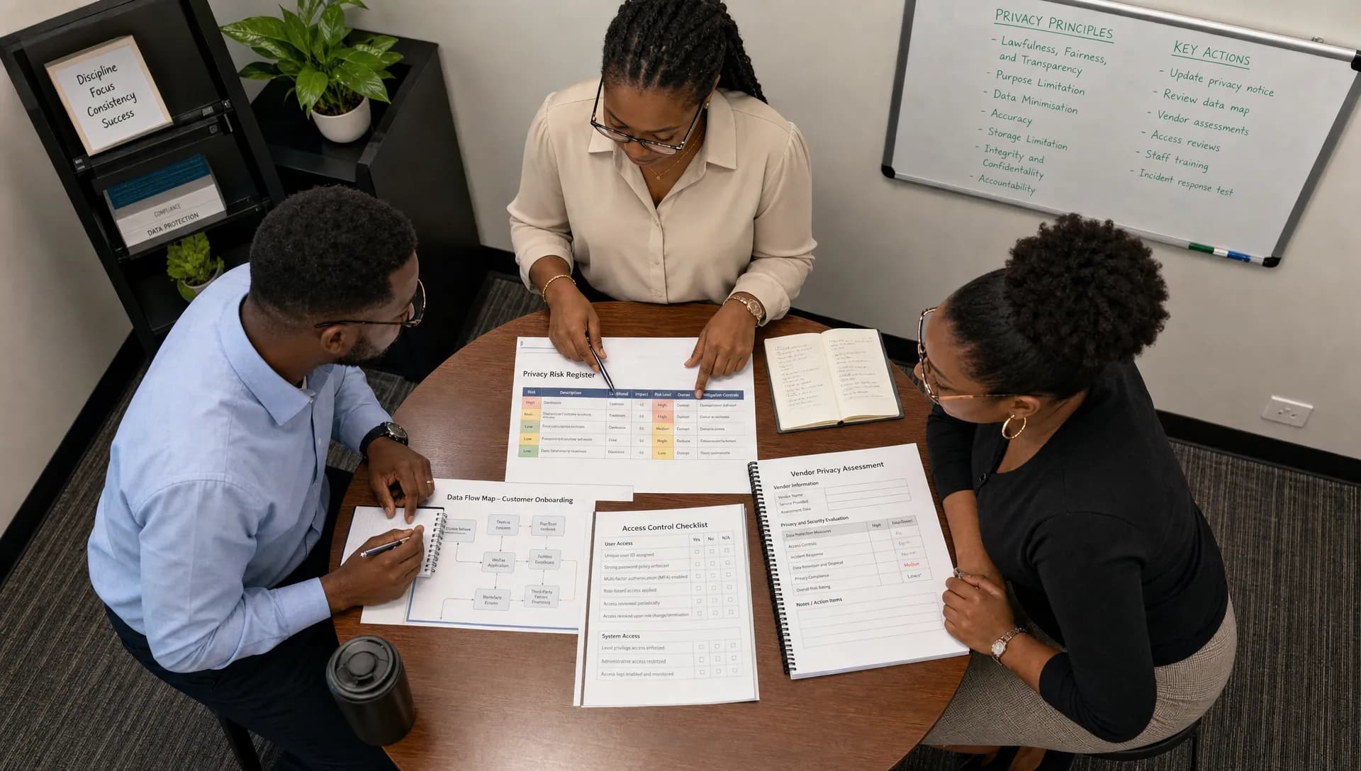 A small business team reviewing a privacy risk register at a standing meeting table with printed data flow notes, access control checklists, and vendor assessment documents, shown from an overhead angle in a compact office corner.
