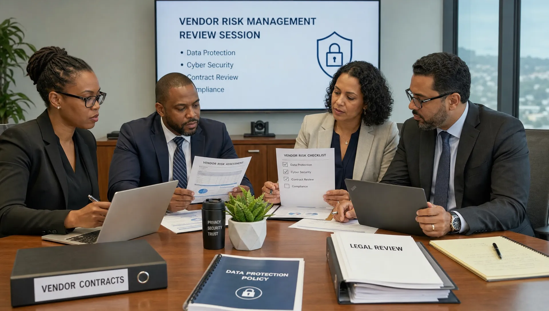Procurement, privacy, legal and IT professionals reviewing a vendor risk checklist together at a meeting table with printed documents, folders, and laptops facing the participants, with a clear focus on data protection, cyber security and contract re...