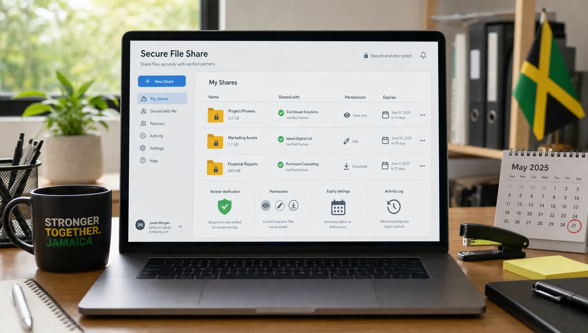 A secure file sharing workspace shows locked folders, partner verification marks, permission icons and an expiry calendar on a professional office table.