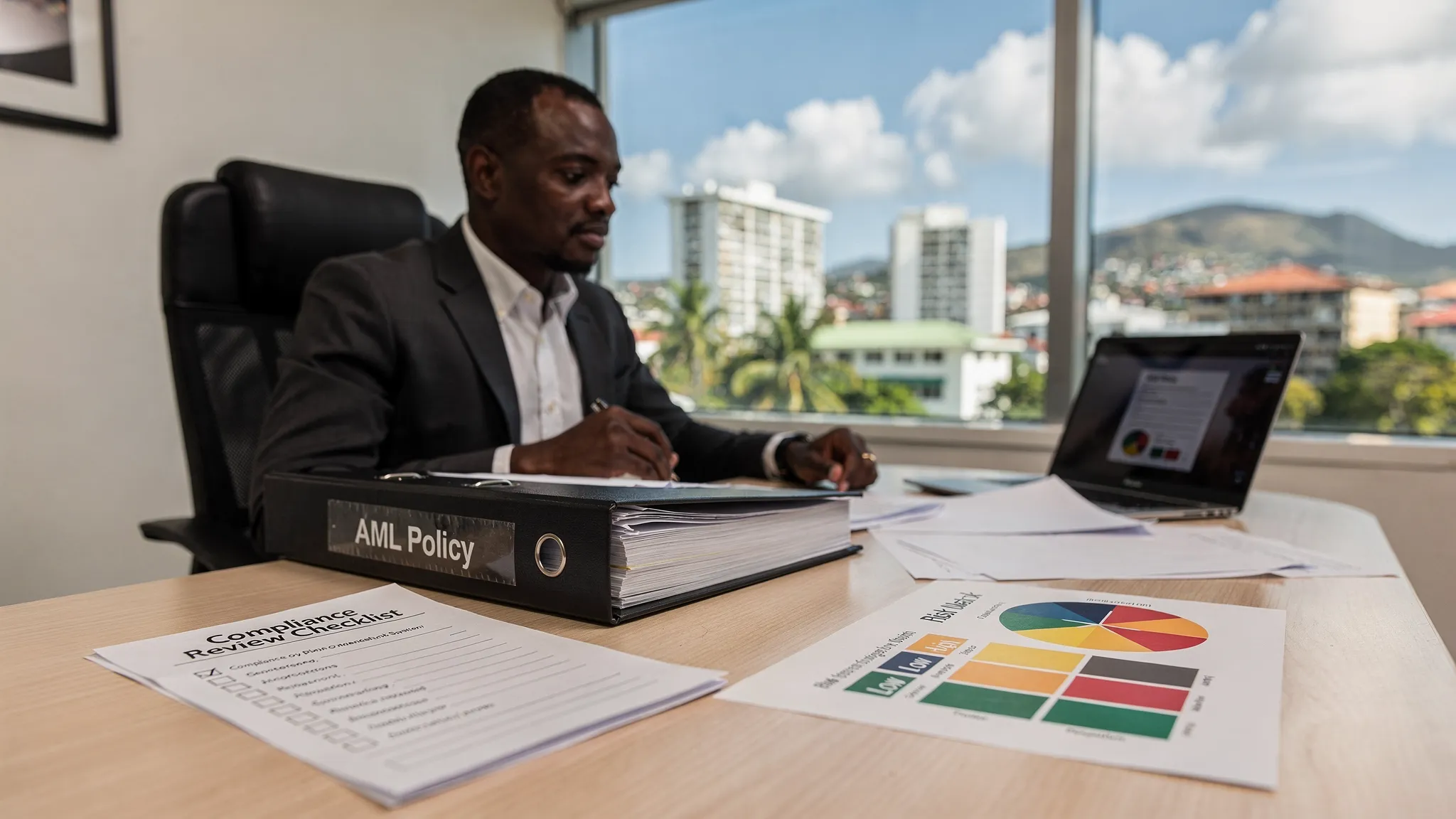 A compliance officer in a Jamaican office reviewing an AML policy binder beside a laptop, with a simple checklist and risk matrix on the desk, and a Kingston skyline visible through a window.