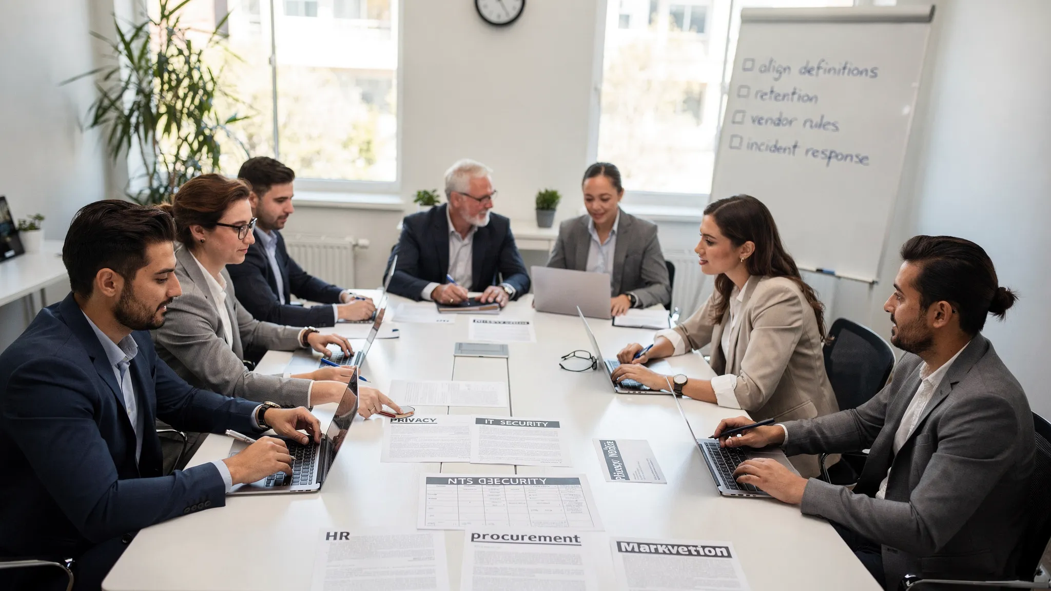 A meeting room scene with a cross-functional team reviewing printed policy documents labeled HR, IT Security, Marketing, Procurement, and Privacy Notice, with a whiteboard showing a simple “align definitions, retention, vendor rules, incident respons...