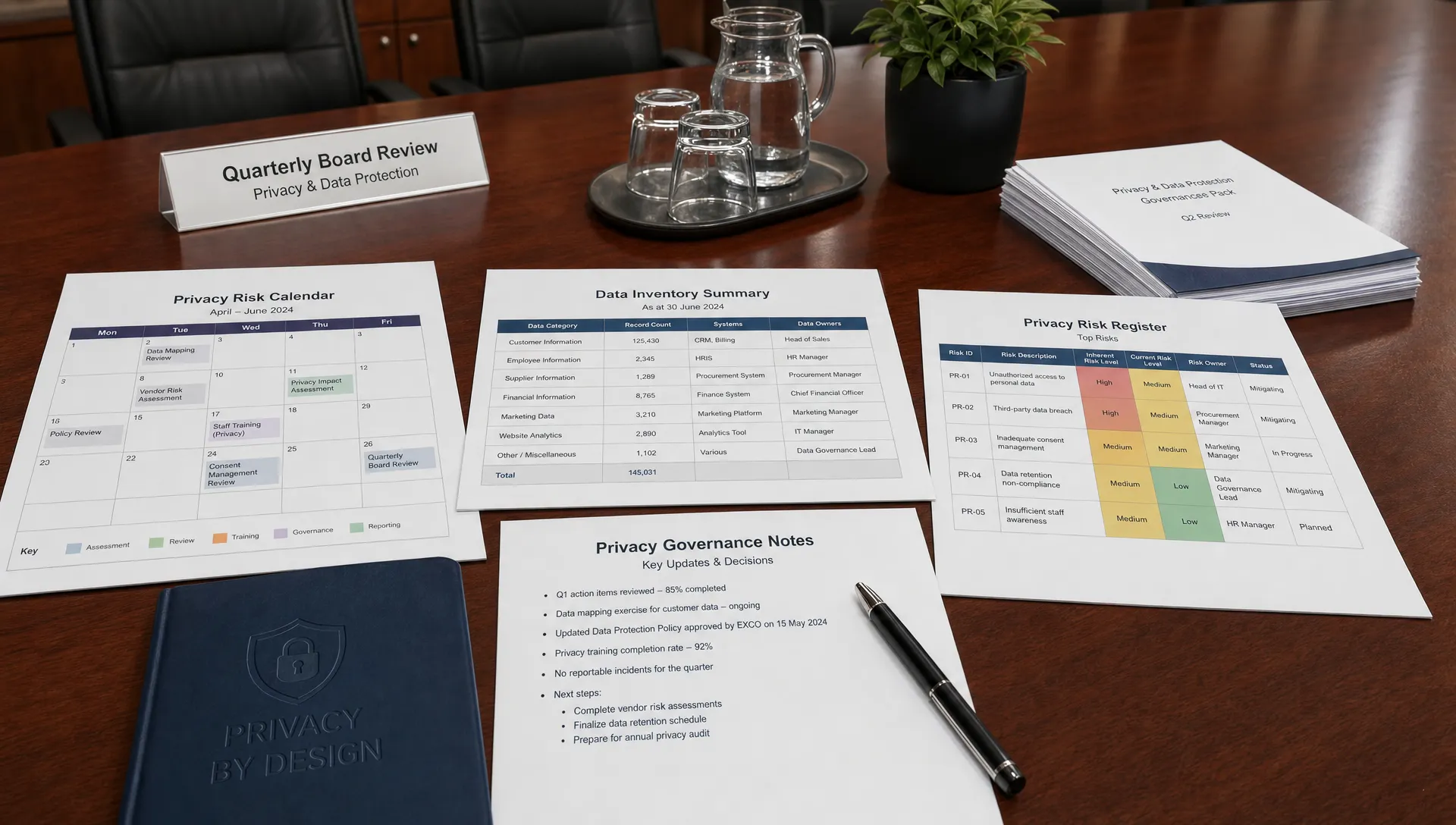 A boardroom table with a printed privacy risk calendar, a data inventory summary, a risk register, and governance notes arranged for a quarterly board review, with neatly stacked papers and a pen beside them.