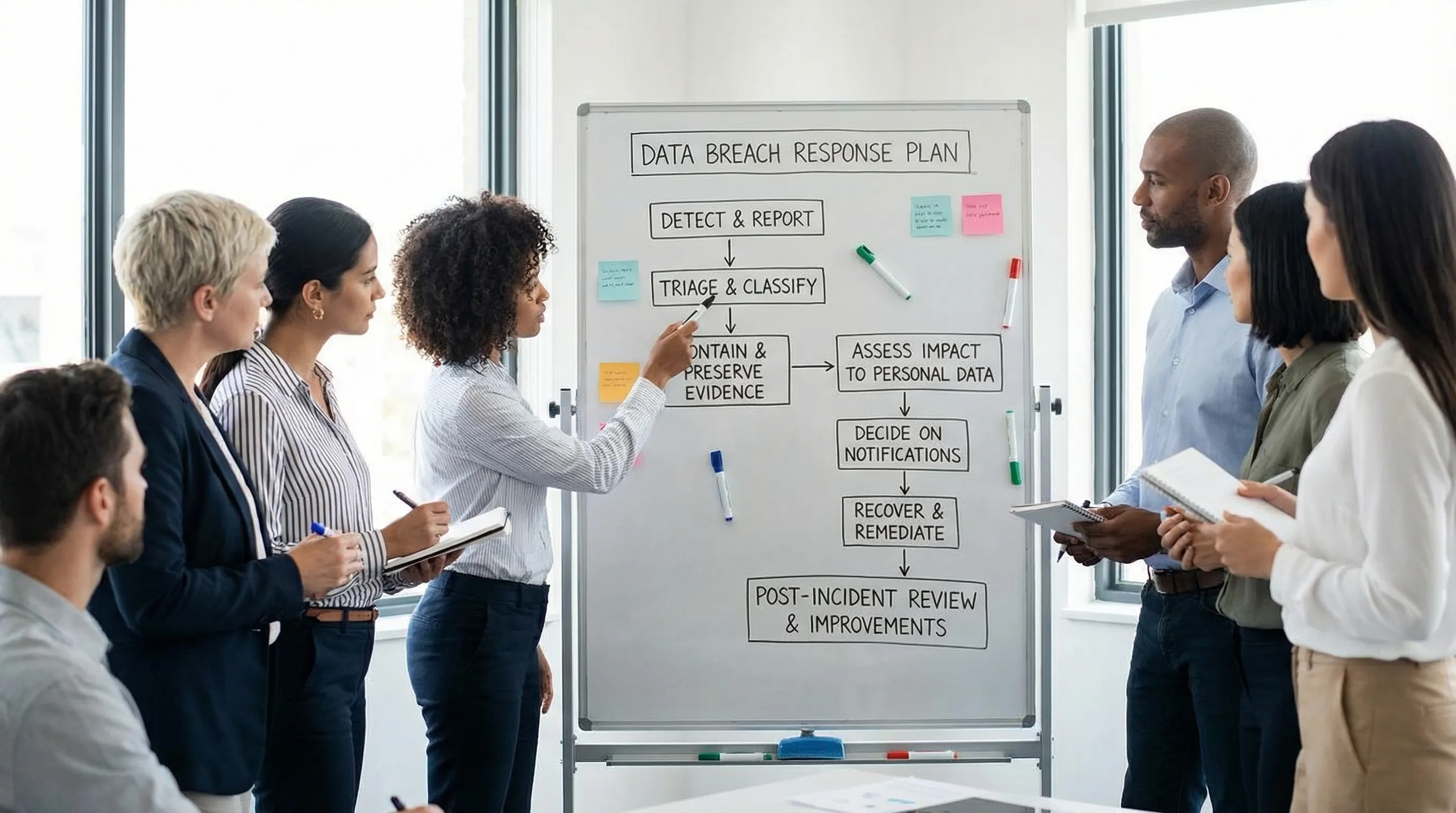 Simple flowchart showing a data breach response plan: Detect and report, Triage and classify, Contain and preserve evidence, Assess impact to personal data, Decide on notifications, Recover and remediate, Post-incident review and improvements.