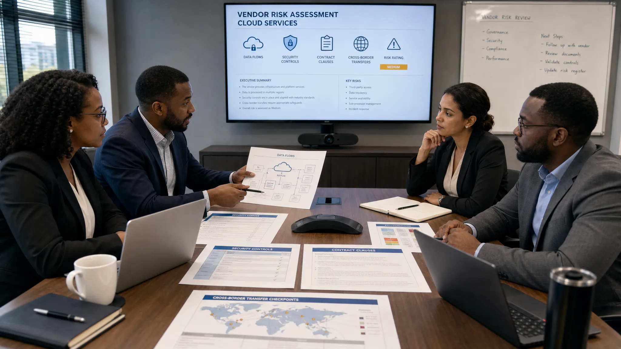 A compliance team reviews a vendor risk assessment for cloud services at a conference table, with documents showing data flows, contract clauses, security controls and cross-border transfer checkpoints laid out for discussion.