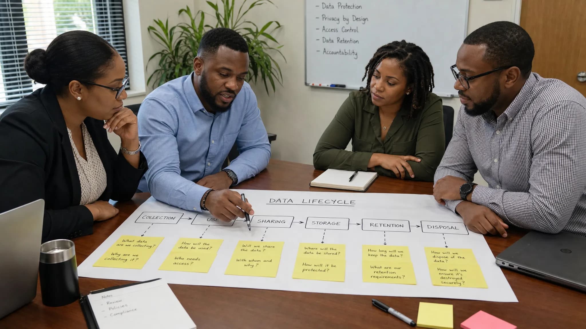 A team studies a simple data lifecycle map spread across a meeting table, with collection, use, sharing, storage, retention, and disposal marked by sticky notes at each decision point.
