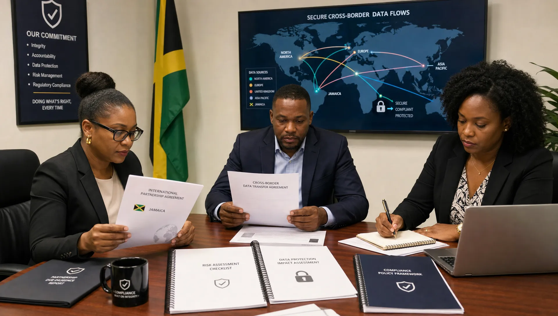 A Jamaican compliance team reviews international partnership documents, a risk checklist, and secure cross-border data flows on a wall map.