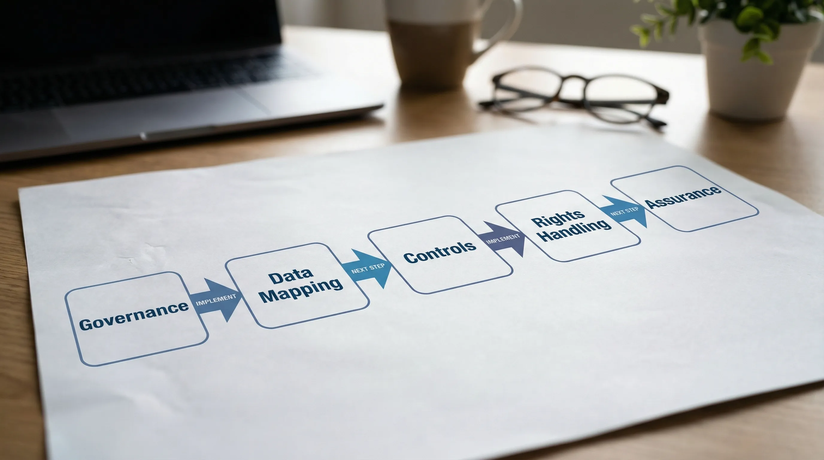 A simple roadmap diagram with five connected boxes labelled Governance, Data Mapping, Controls, Rights Handling, and Assurance, showing a left-to-right step-by-step implementation journey.