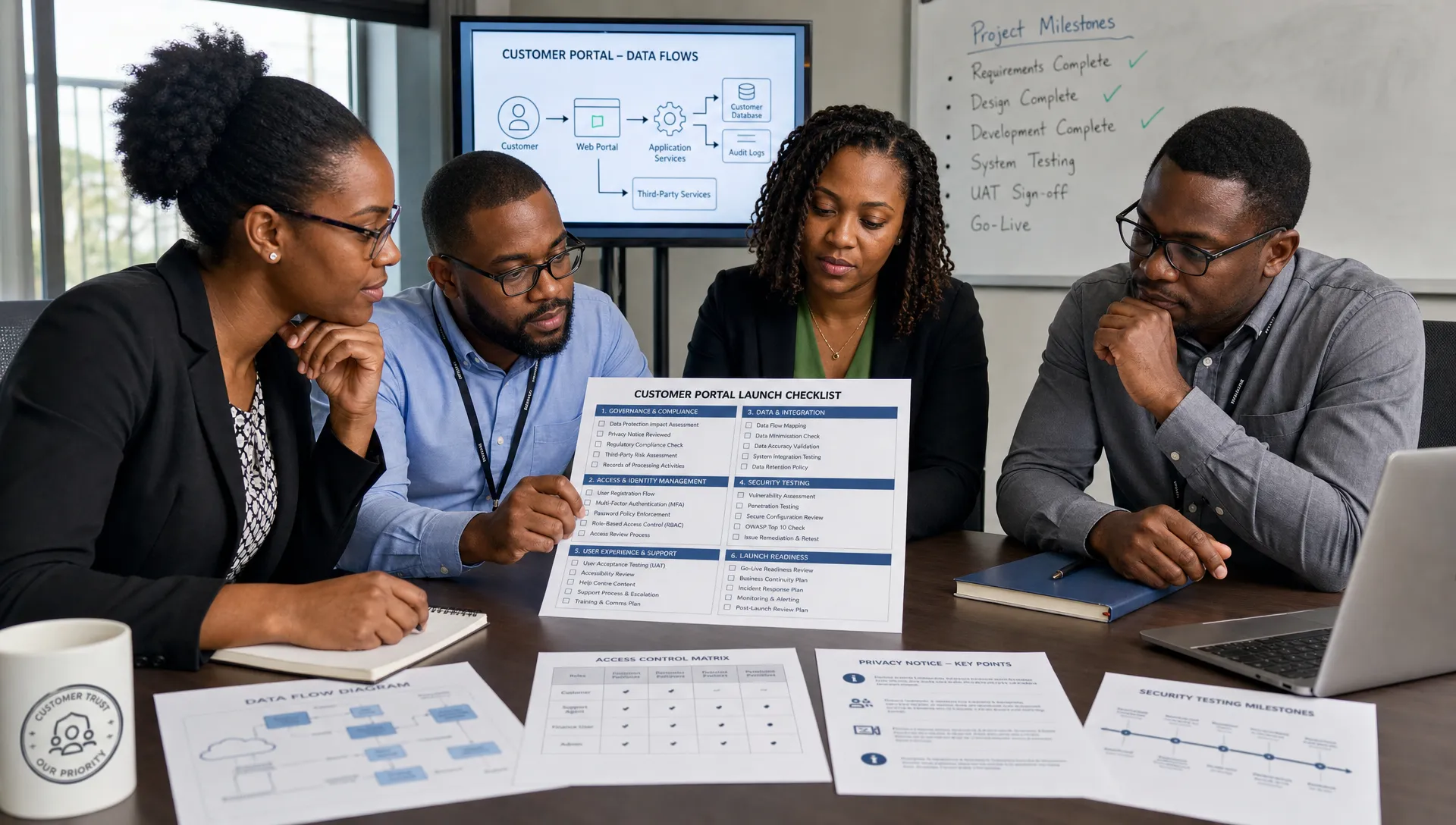 A compliance, IT, and customer service team reviewing a printed customer portal launch checklist on a conference table, with documents showing data flows, access controls, privacy notices, and security testing milestones.