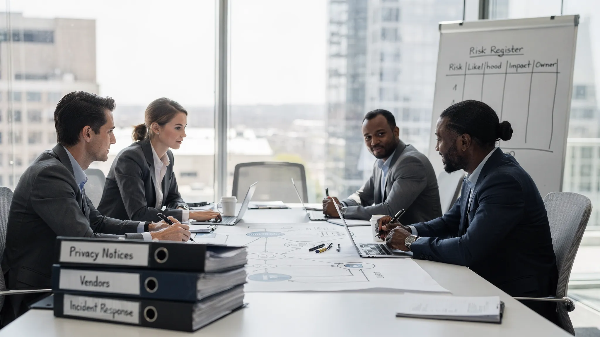 A compliance team in a meeting room reviewing a printed data map and a simple risk register on a whiteboard, with document folders labelled “Privacy Notices”, “Vendors”, and “Incident Response”.