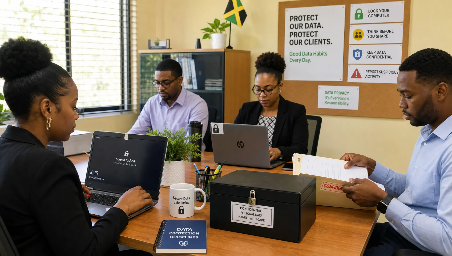 A Jamaican office team follows secure data handling routines in a bright shared workspace, with locked laptops, labelled confidential documents, privacy reminders on a notice board, and a tidy table used for day-to-day data protection habits.