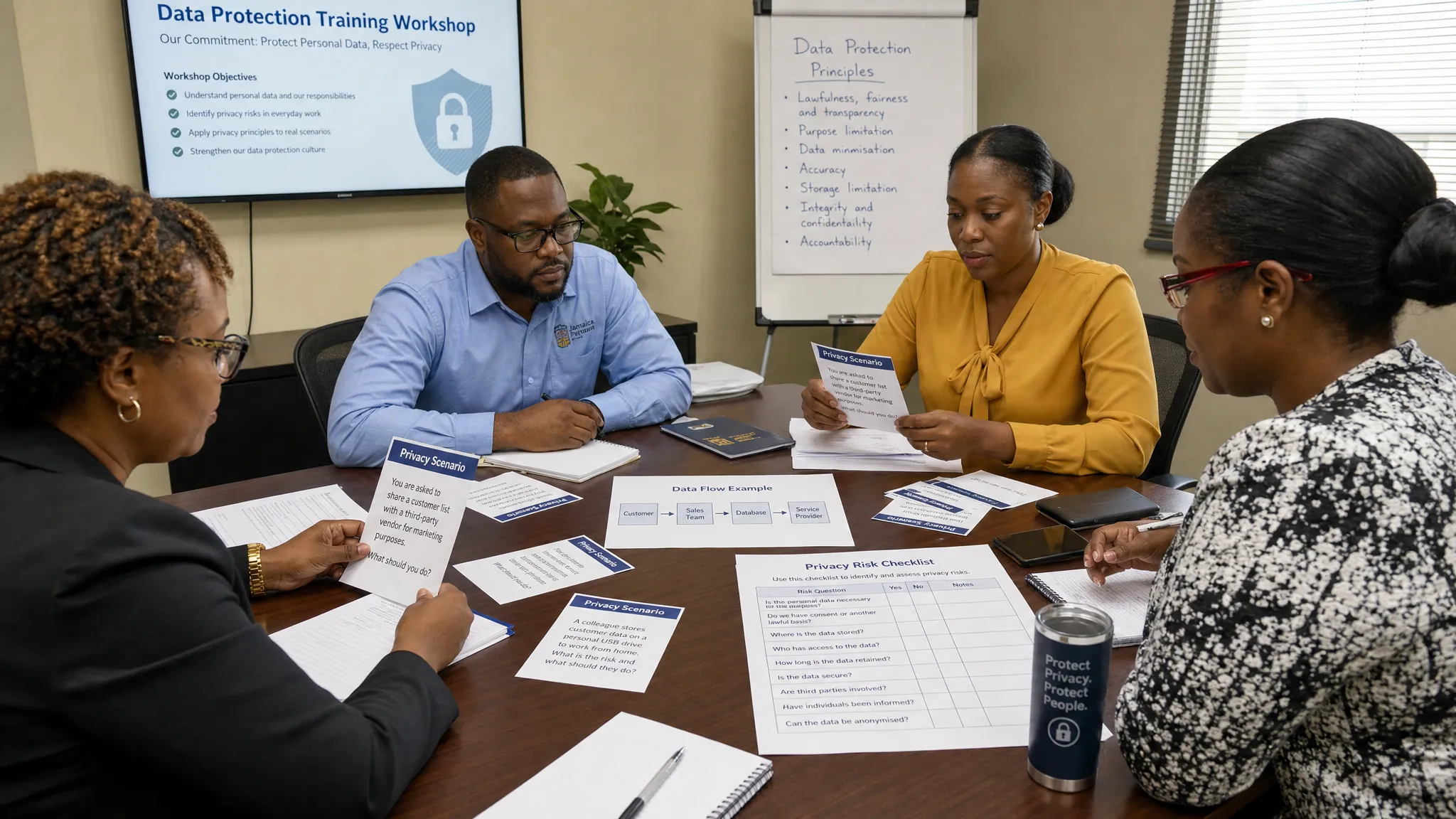 A small group of employees around a conference table reviewing printed privacy scenario cards, data flow notes, and a simple risk checklist during a data protection training workshop.