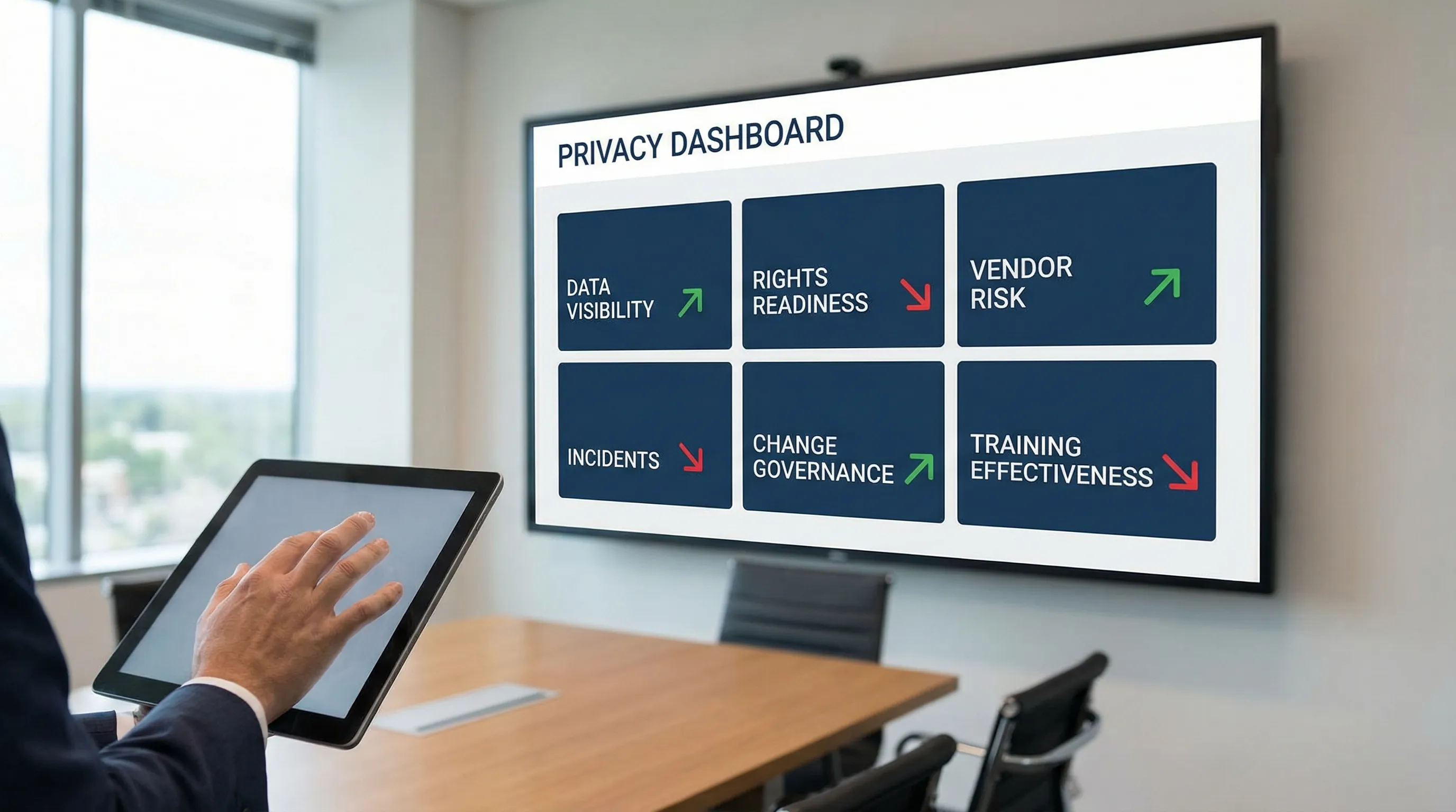 A board-level privacy dashboard mockup with six tiles: data visibility, rights readiness, vendor risk, incidents, change governance, and training effectiveness, each showing simple trend arrows.