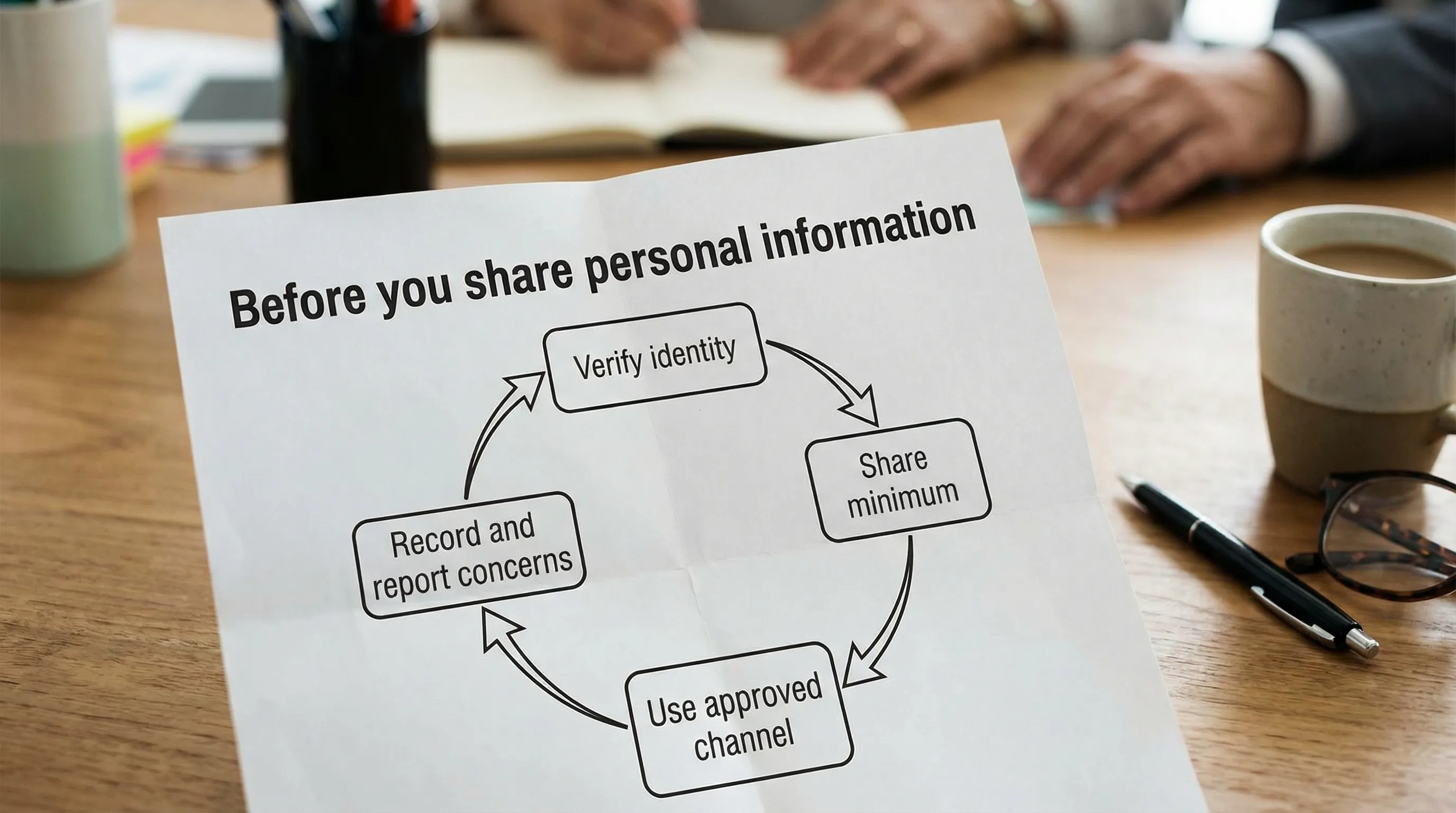 A simple training diagram titled “Before you share personal information” with four steps in a loop: Verify identity, Share minimum, Use approved channel, Record and report concerns.
