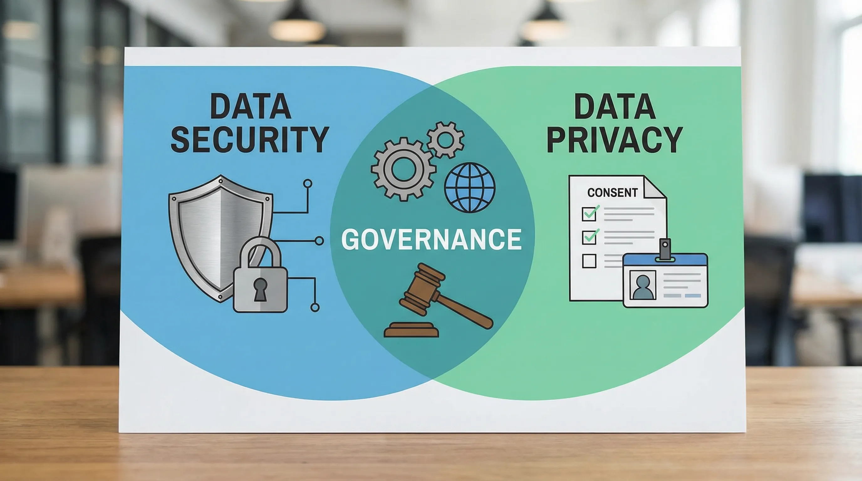 A split-screen illustration showing a shield and padlock on one side labeled “Data Security” and a consent form and ID card on the other side labeled “Data Privacy”, with a shared middle area labeled “Governance” to show overlap.