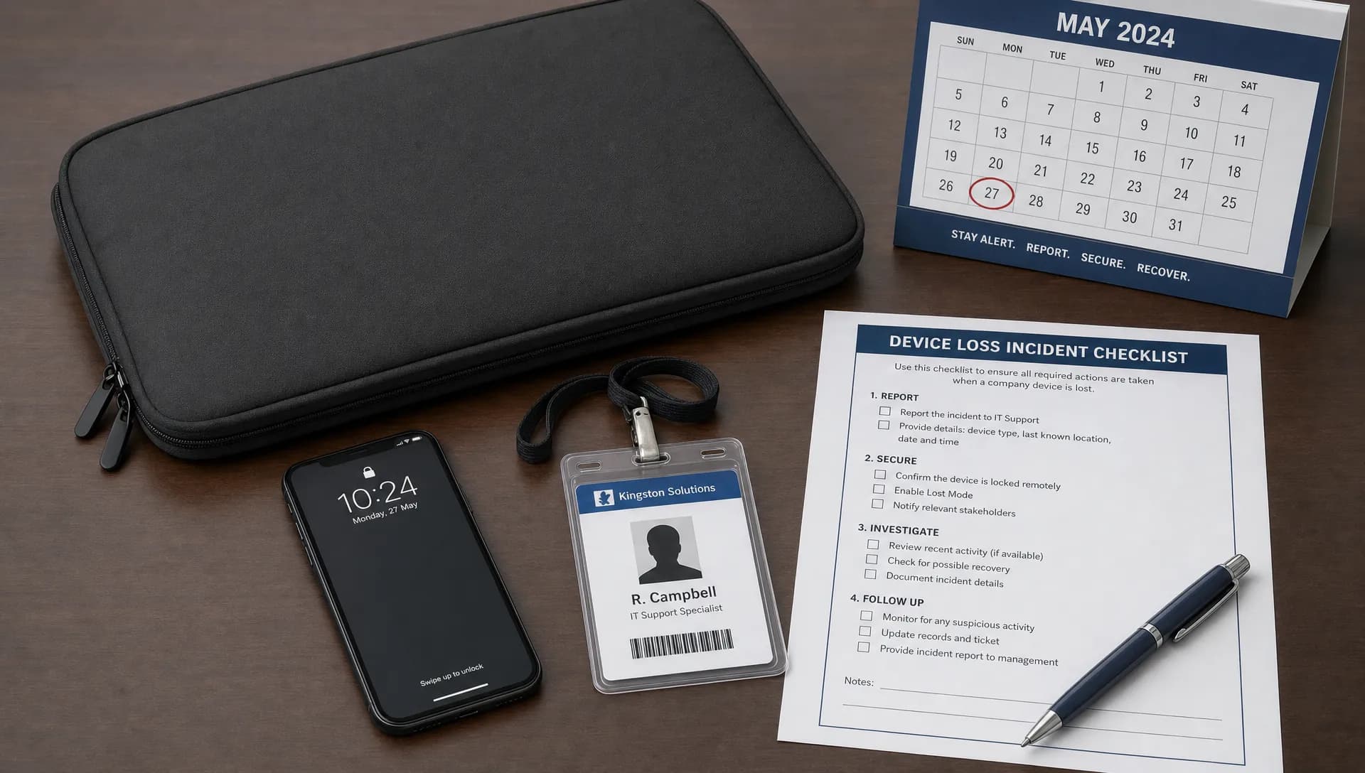A closed laptop sleeve, locked smartphone, access badge, incident checklist and desk calendar mark a device loss response table.