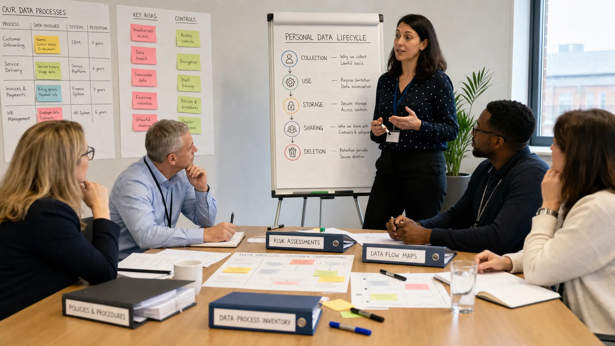 A data protection specialist leading a workshop with department leads around a flip chart showing a simple personal data lifecycle from collection to deletion. The room includes folders, process notes, and risk markers, with no computer screens visib...
