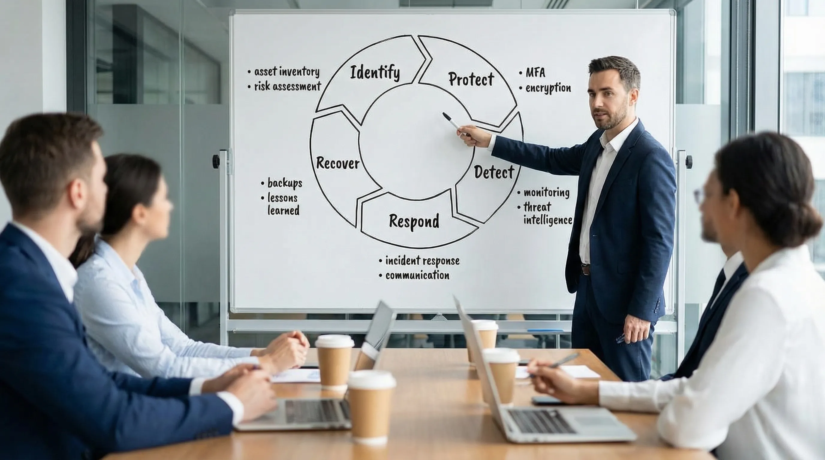 A five-step circular diagram labeled Identify, Protect, Detect, Respond, Recover, with examples like asset inventory, MFA, monitoring, incident response, backups and lessons learned.