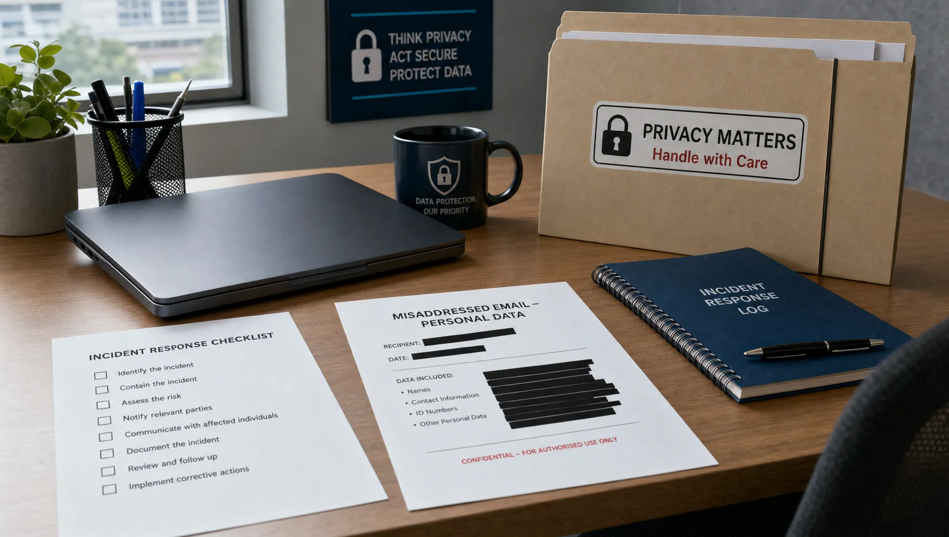 A secure office workspace with a closed laptop, an incident response checklist, a redacted document, and a privacy folder on a desk, showing careful handling after a misaddressed email with personal data.