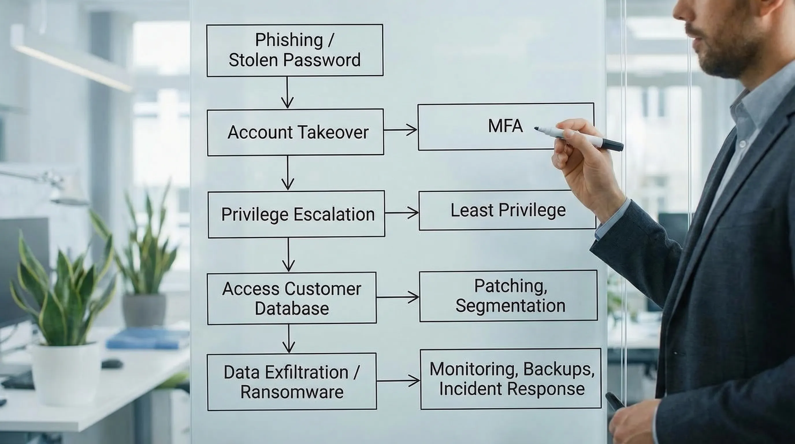 A simple “attack path” diagram showing: phishing or stolen password leads to account takeover, then privilege escalation, then access to a customer database, then data exfiltration or ransomware. Next to each step are the matching controls: MFA, leas...