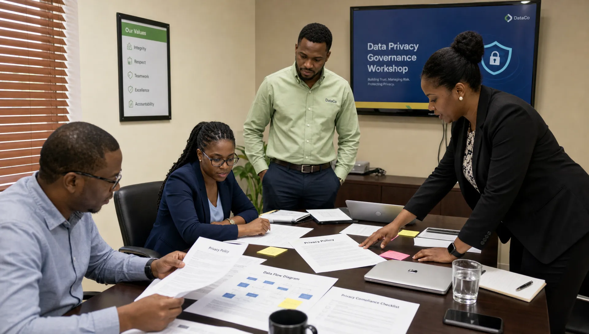 A compliance team in Jamaica reviewing printed privacy policy documents, data flow notes, and legal checklists on a conference table during a governance workshop, with one person standing beside the table and another leaning over the papers in a smal...